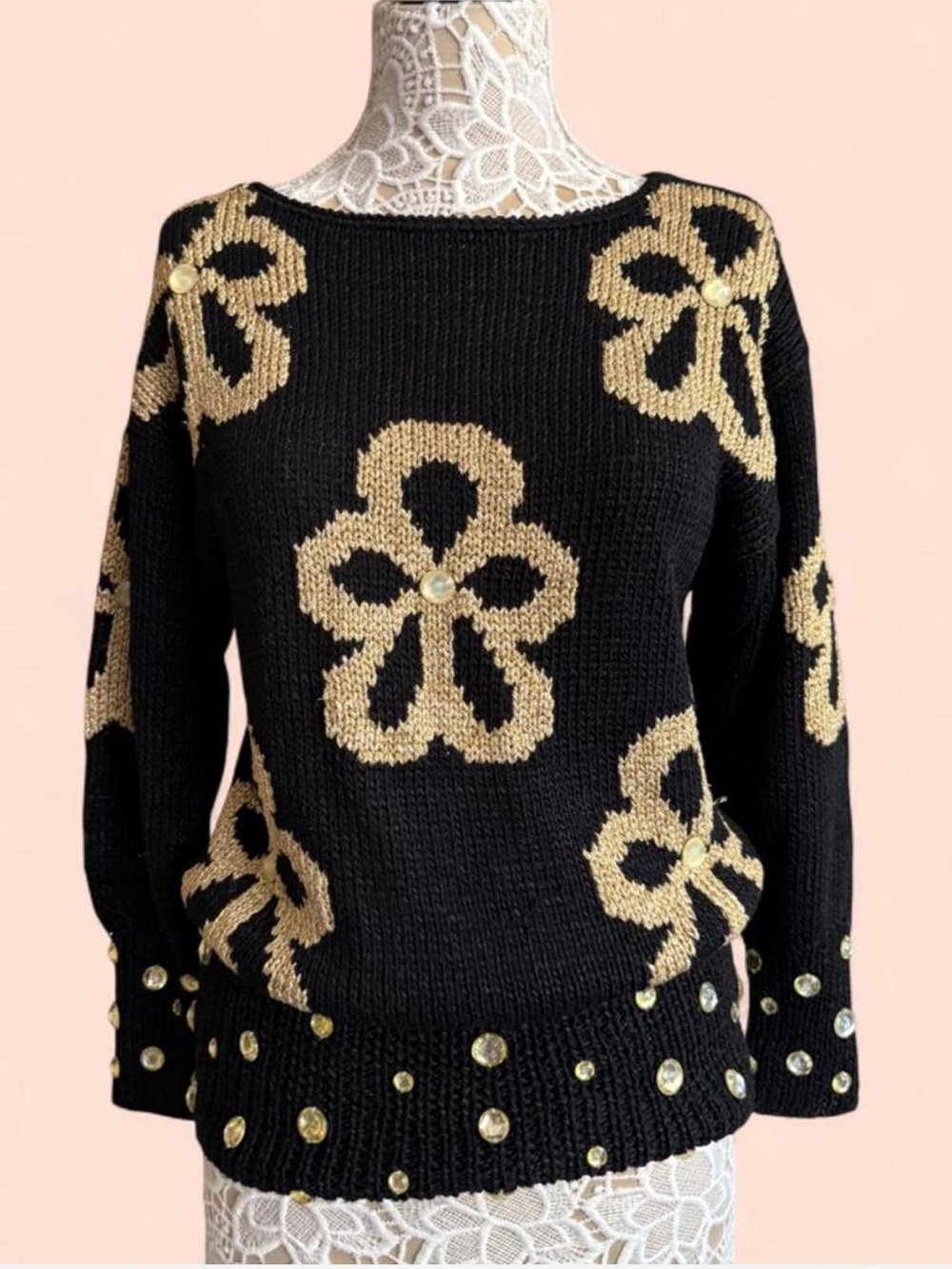 True-Vintage 80s Black & Metallic Gold Floral Knit Sweater with hand sewn gems